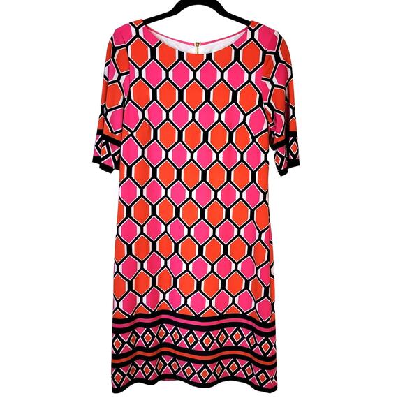 Eliza J Dress Women's 8 Pink Orange Geometric Pattern Short Sleeve Shift Lined - Picture 1 of 7